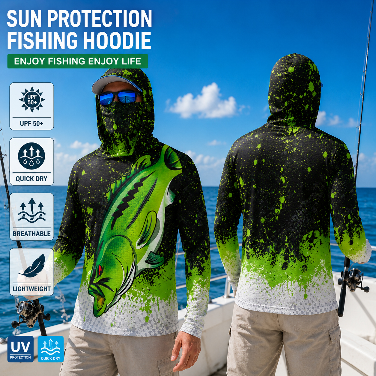 Fishing Hoodie - Erkekler için Gradyan Balık Baskılı Balıkçı