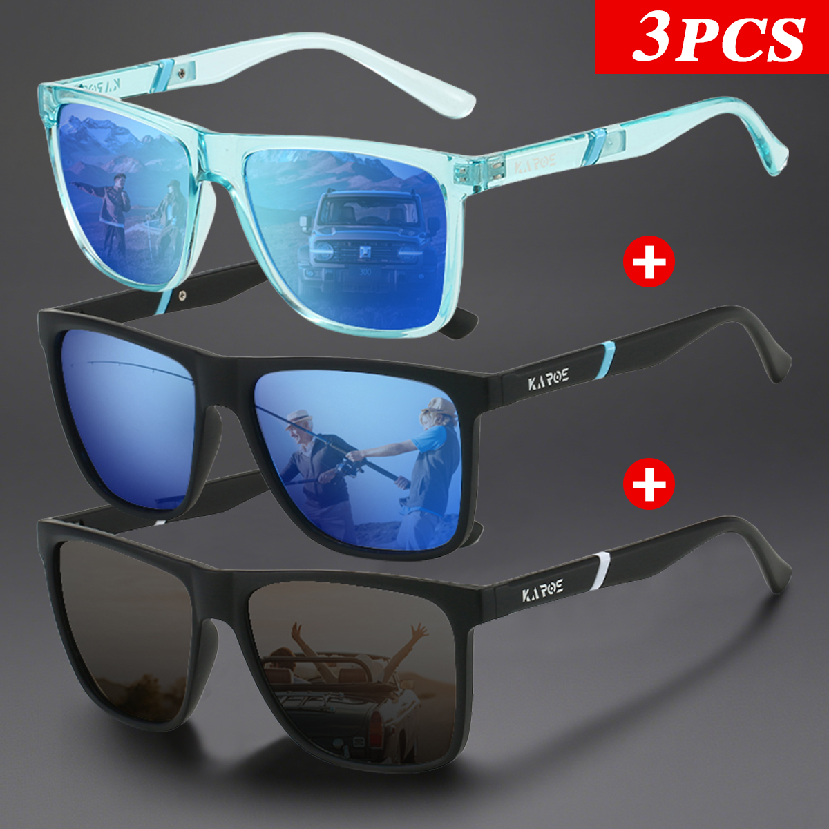 Fishing Sunglasses Polarized - 3 adet/takım Karos Polarize Güneş Gözlüğü